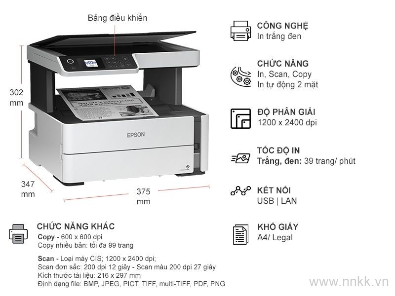 Máy in Phun A4 đen trắng Epson M2140 đa năng (in 2 mặt /Copy/Scan )