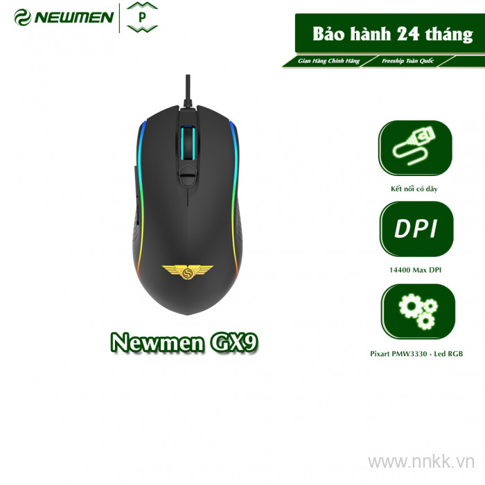 Chuột có dây chơi game Newmen GX9 14400 Max - Switch GM2.0 (20m ) - Tiếp điểm mạ vàng, cảm giác tuyệt đỉnh