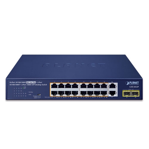 Switch PLANET GSD-2022P 16-Port 1000T 802.3at PoE + 2-Port 10/100/1000T + 2-Port 1000X SFP Unmanaged Gigabit Ethernet