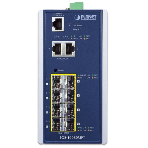Industrial Managed Fiber Switch PLANET ( IGS-10080MFT) , 8 SFP + 2 RJ45 Gigabit
