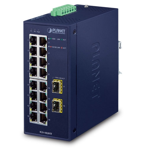 Switch công nghiệp Planet IGS-1820TF, Gigabit, 16 port RJ45 + 2 Uplink