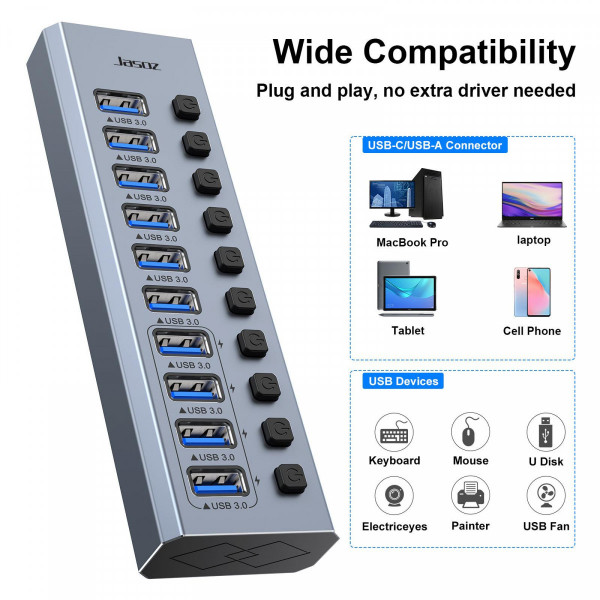 Hub usb jasoz 3.0 16 cổng sạc nhanh bc1.2 – vỏ nhôm, công tắc độc lập, 5gbps
