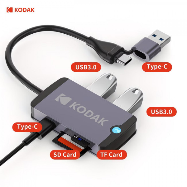 Hub chuyển đổi Type-C 5 trong 1 Kodak T320 – Dock mở rộng USB 3.0, USB 2.0, SD/TF, Type-C, vỏ hợp kim nhôm cho laptop, MacBook, điện thoại