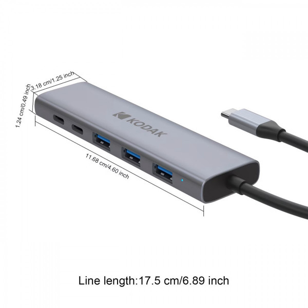 Hub chuyển đổi Type-C 6 trong 1 Kodak T340 – HDMI 4K, USB 3.0 x3, Type-C Data, PD 100W cho MacBook, laptop, điện thoại
