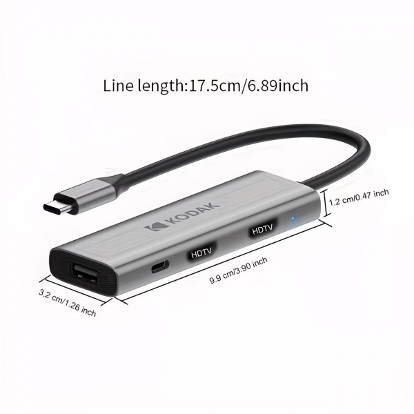 Hub USB-C Kodak T346 4-in-1 – Docking Station Type-C Sang 2 HDMI 4K + USB 2.0 + Sạc PD 100W Cho Laptop MacBook