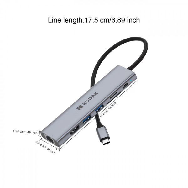 Hub USB-C Kodak T347 7-in-1 – Docking Station Type-C Sang HDMI 4K, LAN RJ45 Gigabit, 2 USB 3.0, SD/TF, Sạc PD 100W