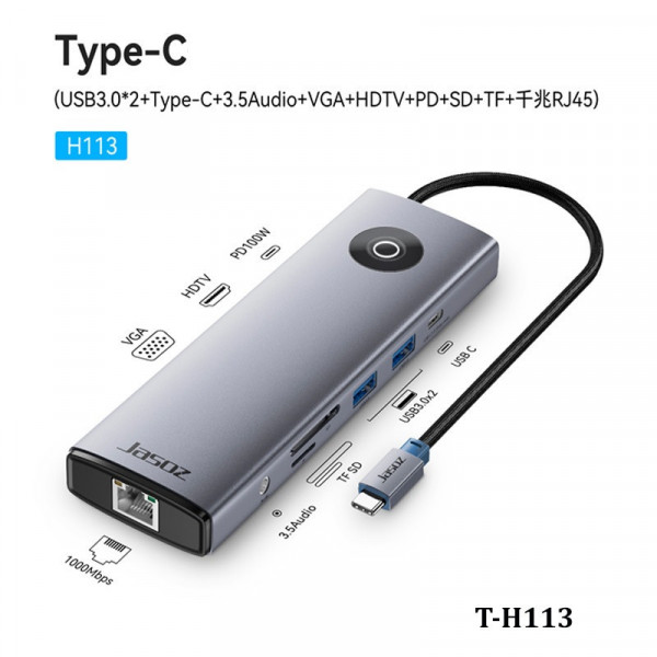 Hub Chuyển Đổi USB-C 10 Trong 1 Jasoz T-H113 HDMI 4K VGA LAN RJ45 USB 3.0 PD 100W SD TF Cho Laptop MacBook