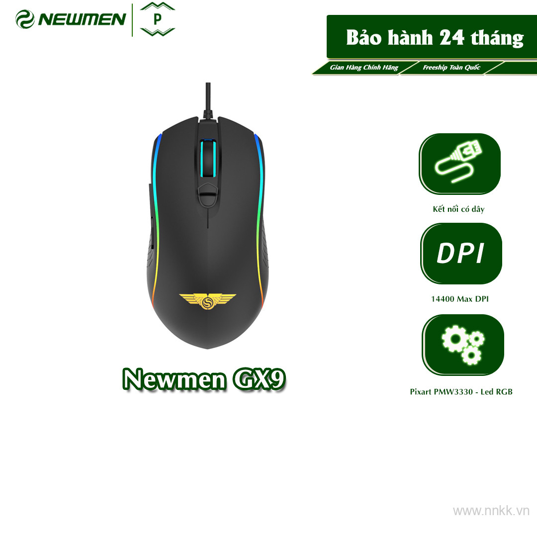 Chuột có dây chơi game Newmen GX9 14400 Max - Switch GM2.0 (20m ) - Tiếp điểm mạ vàng, cảm giác tuyệt đỉnh