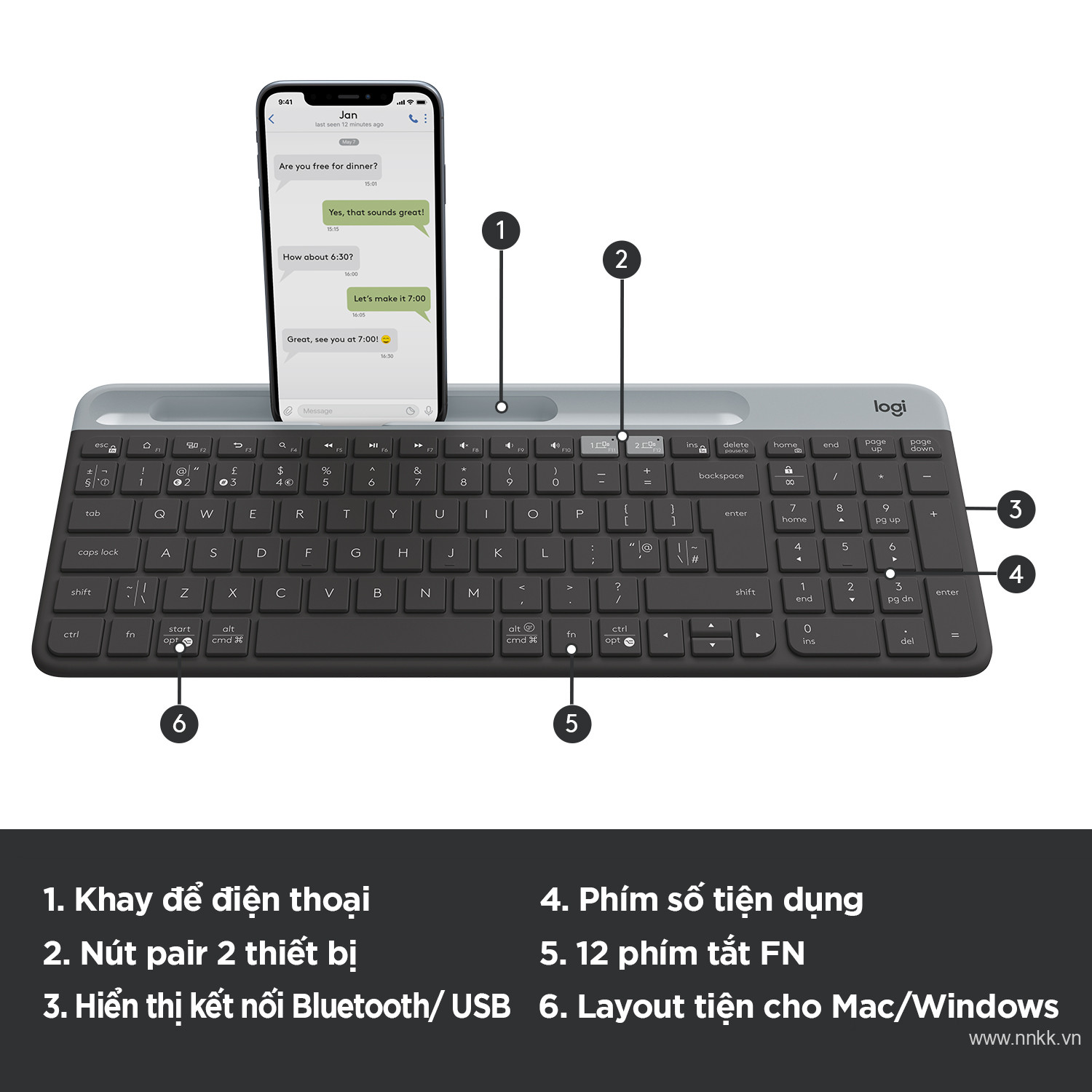 Bàn phím không dây Bluetooth Logitech K580 - kết nối 2 thiết bị, pin 2 năm, mảnh gọn, phù hợp PC/ iPad/ Điện thoại