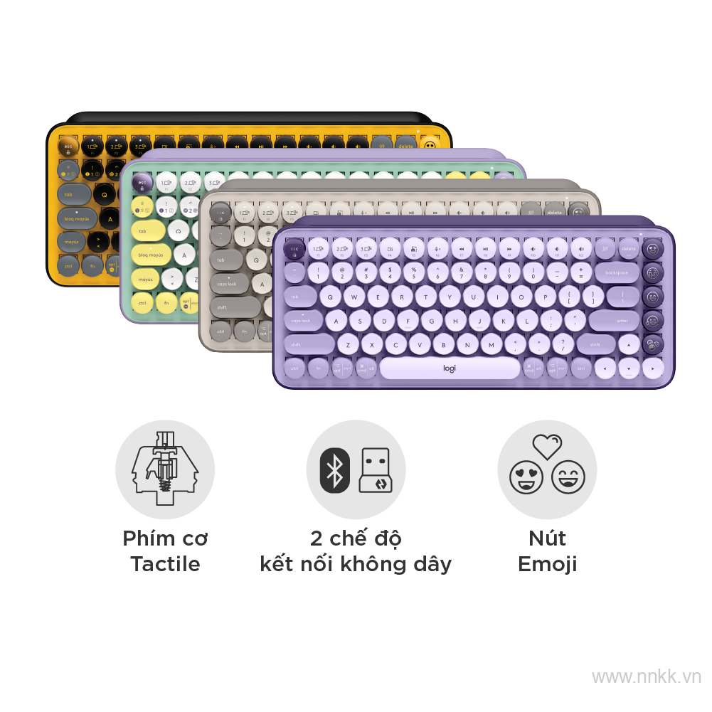 Bàn phím cơ không dây bluetooth | USB Logitech POP KEYS - với 8 phím emoji có thể điều chỉnh, switch tactile, kết nối 3 thiết bị