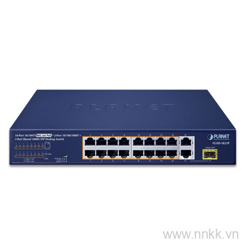 Switch PoE Planet FGSD-1821P, 16 port 10-100M PoE + 2RJ45-1SFP