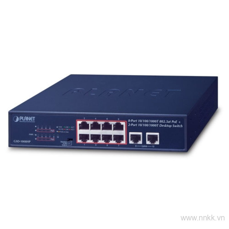 Switch PLANET GSD-1008HP 8-Port 10|100|1000T 802.3at PoE + 2-Port 10|100|1000T Desktop Switch (120W)