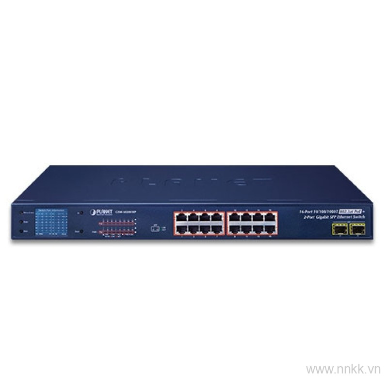 Switch PLANET 16-Port 10/100/1000T 802.3at PoE + 2-Port 1000X SFP Gigabit Switch with smart color LCD (PoE Budget 300W)