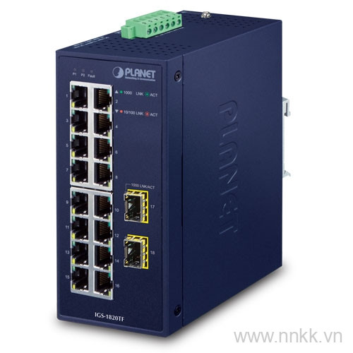 Switch công nghiệp Planet IGS-1820TF, Gigabit, 16 port RJ45 + 2 Uplink