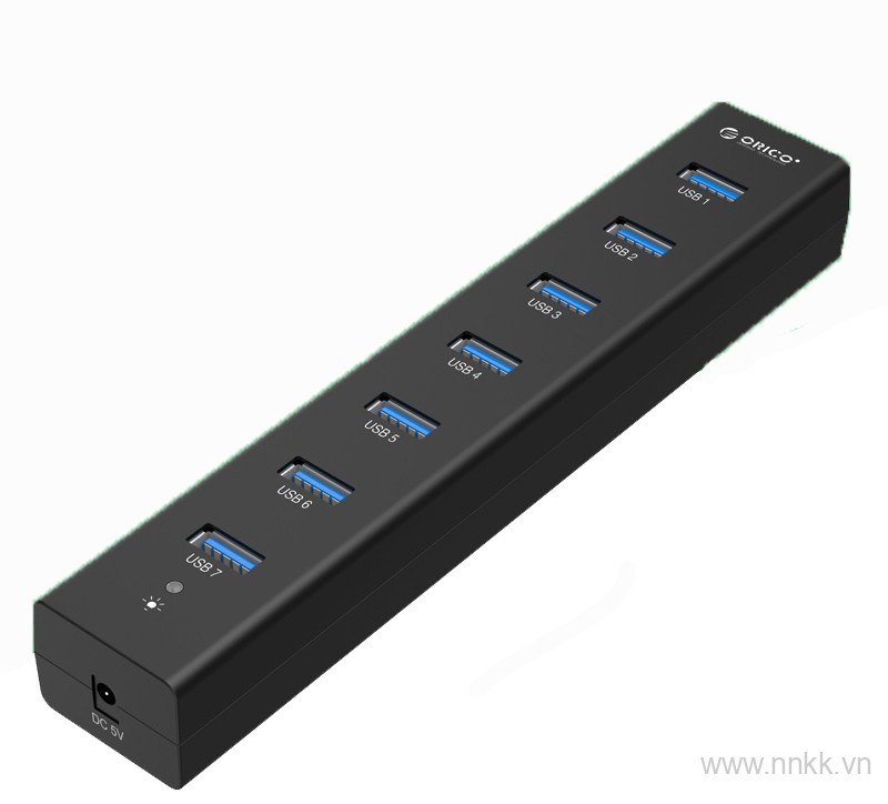 Bộ chia USB HUB 7 cổng USB 3.0 có nguồn phụ Orico H7013-U3-AD-BK