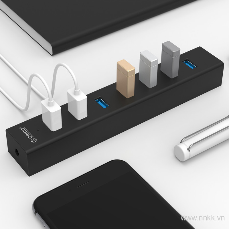 Bộ chia USB HUB 7 cổng USB 3.0 có nguồn phụ Orico H7013-U3-AD-BK