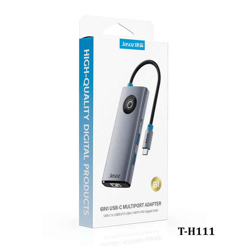HUB Chuyển Đổi 6 trong 1 cổng Type-C ra 3 USB 3.0 + HDMI + PD100W + Gigabit RJ45 JASOZ H111