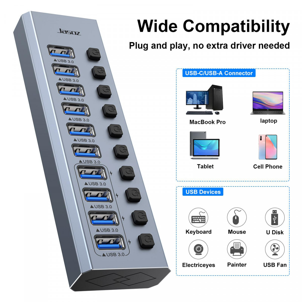 Hub usb jasoz 3.0 16 cổng sạc nhanh bc1.2 – vỏ nhôm, công tắc độc lập, 5gbps