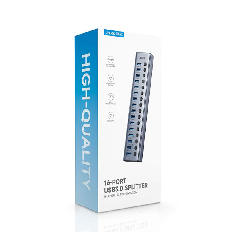 Hub usb jasoz 3.0 16 cổng sạc nhanh bc1.2 – vỏ nhôm, công tắc độc lập, 5gbps
