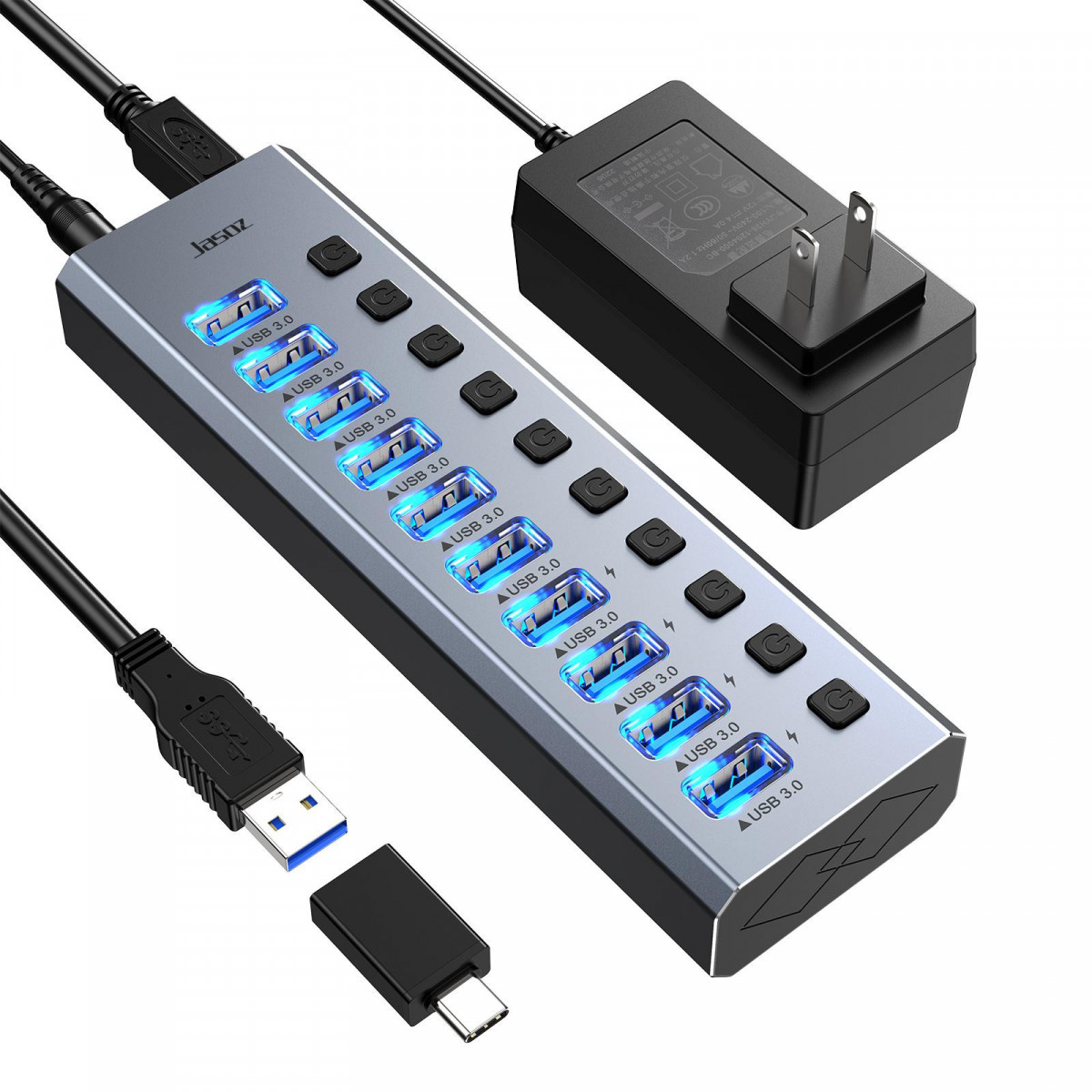 Hub usb jasoz 3.0 16 cổng sạc nhanh bc1.2 – vỏ nhôm, công tắc độc lập, 5gbps