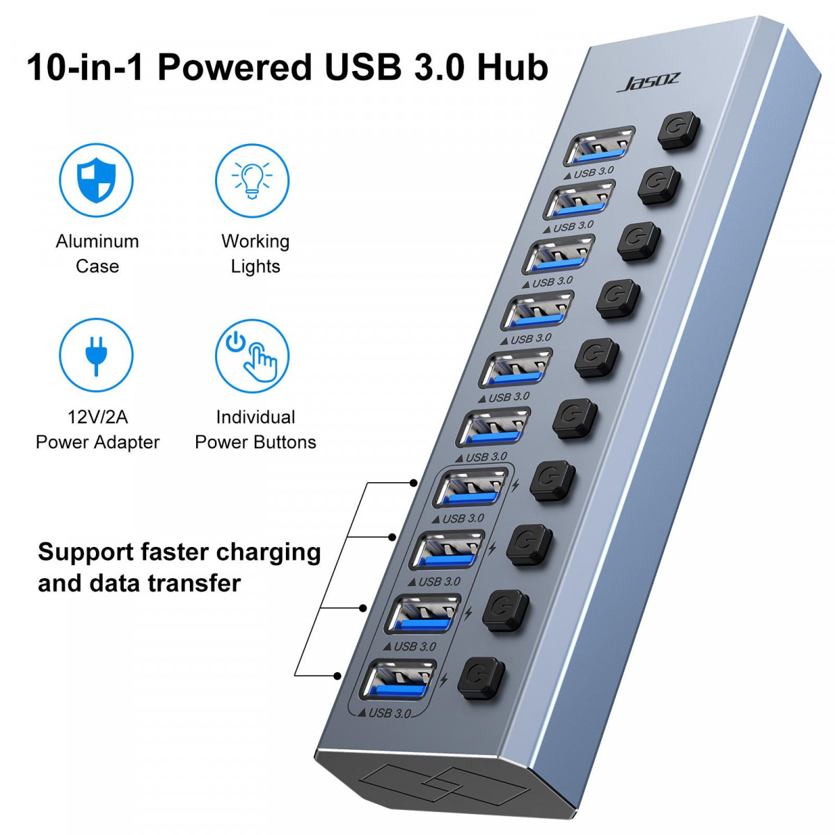 Hub usb jasoz 3.0 16 cổng sạc nhanh bc1.2 – vỏ nhôm, công tắc độc lập, 5gbps