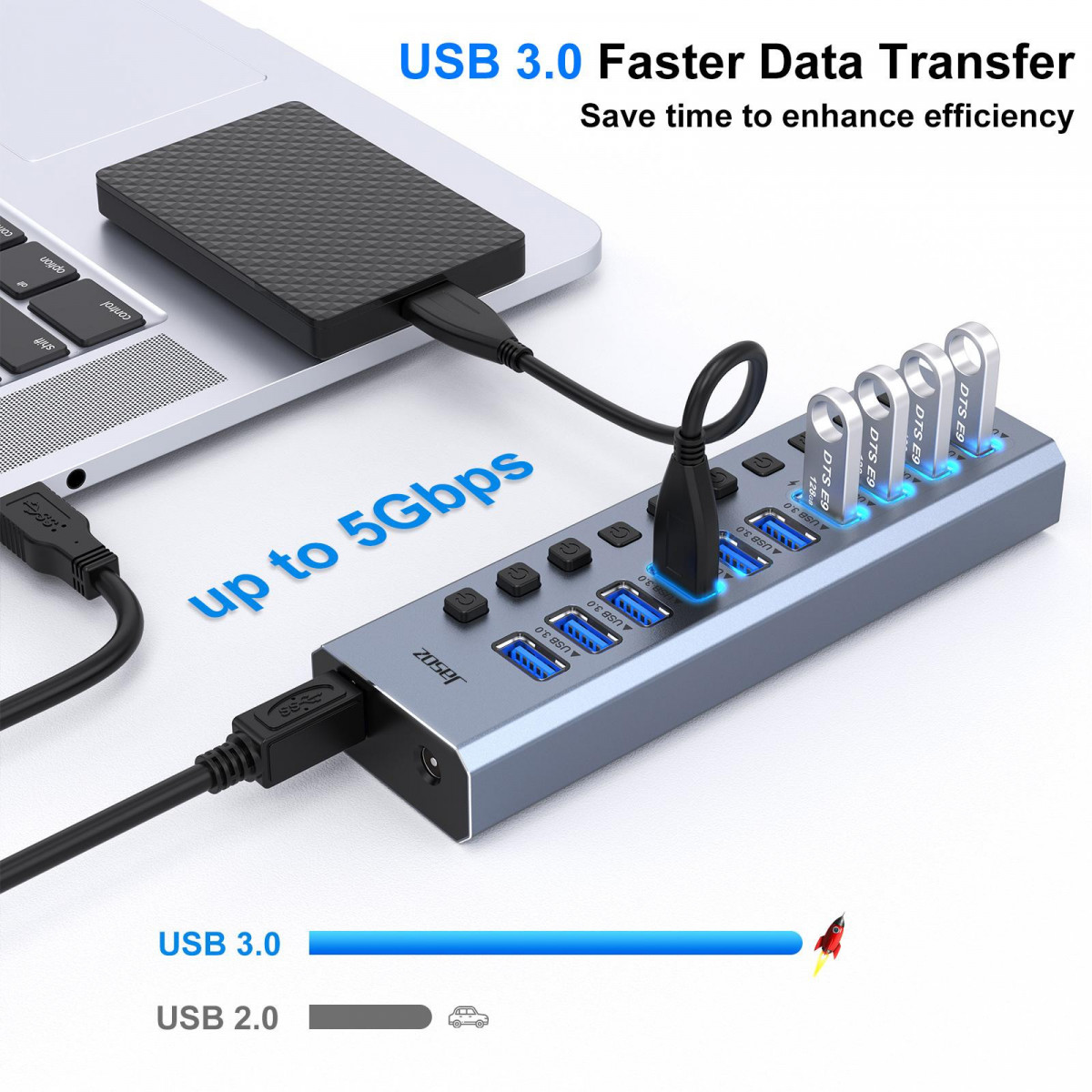 Hub usb jasoz 3.0 16 cổng sạc nhanh bc1.2 – vỏ nhôm, công tắc độc lập, 5gbps