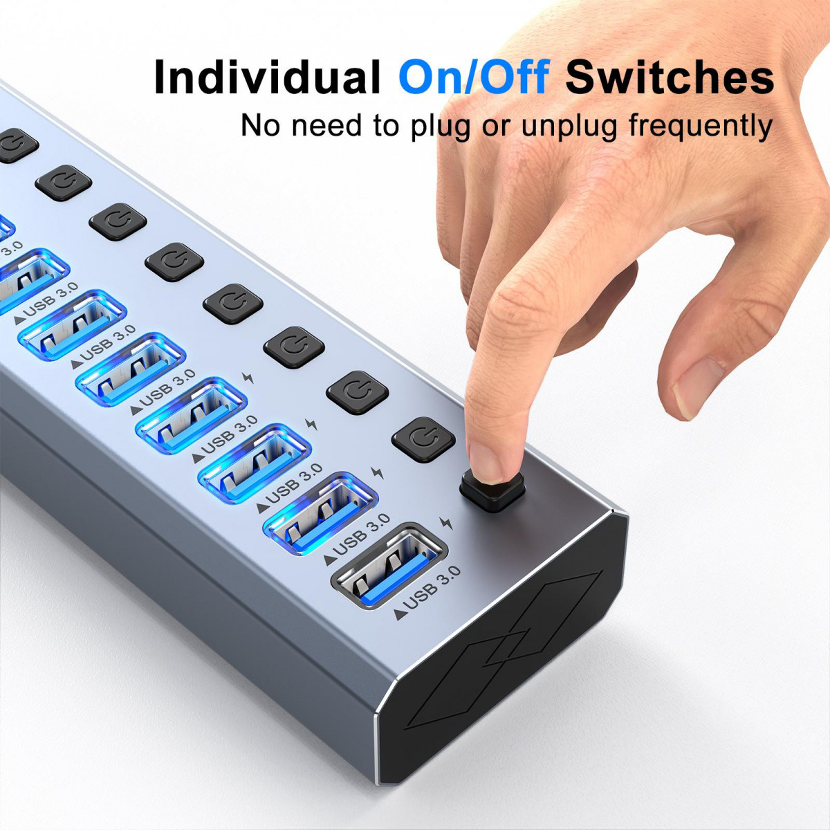 Hub usb jasoz 3.0 16 cổng sạc nhanh bc1.2 – vỏ nhôm, công tắc độc lập, 5gbps