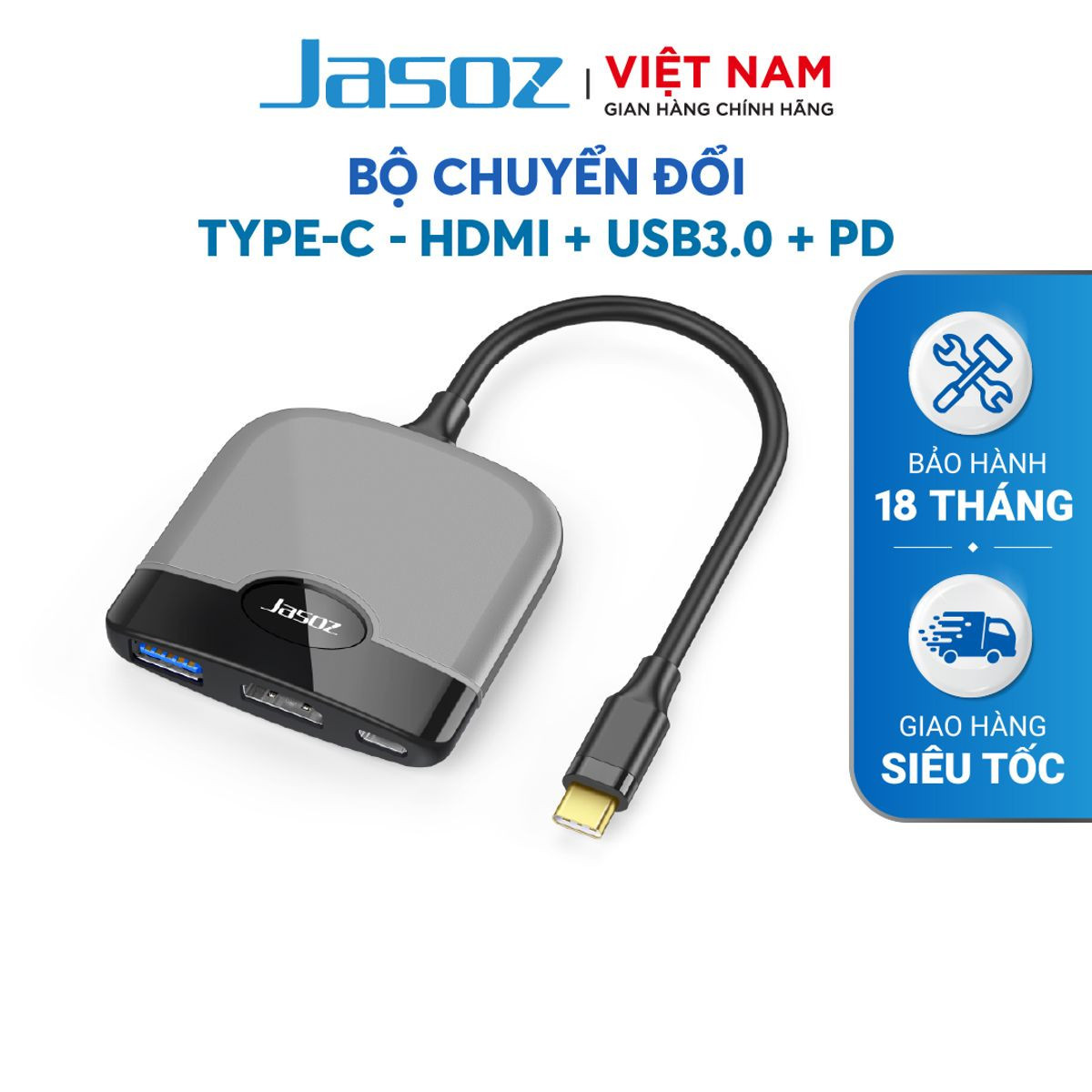 Bộ chuyển đổi type-c sang hdmi usb 3.0 pd 100w jasoz h106 3 trong 1 chính hãng