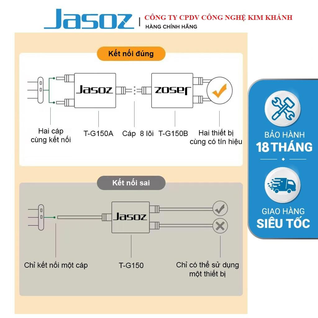 Đầu nối cáp mạng LAN RJ45 mạ vàng Jasoz T-G150 | Truyền 100m | Hỗ trợ 2 thiết bị