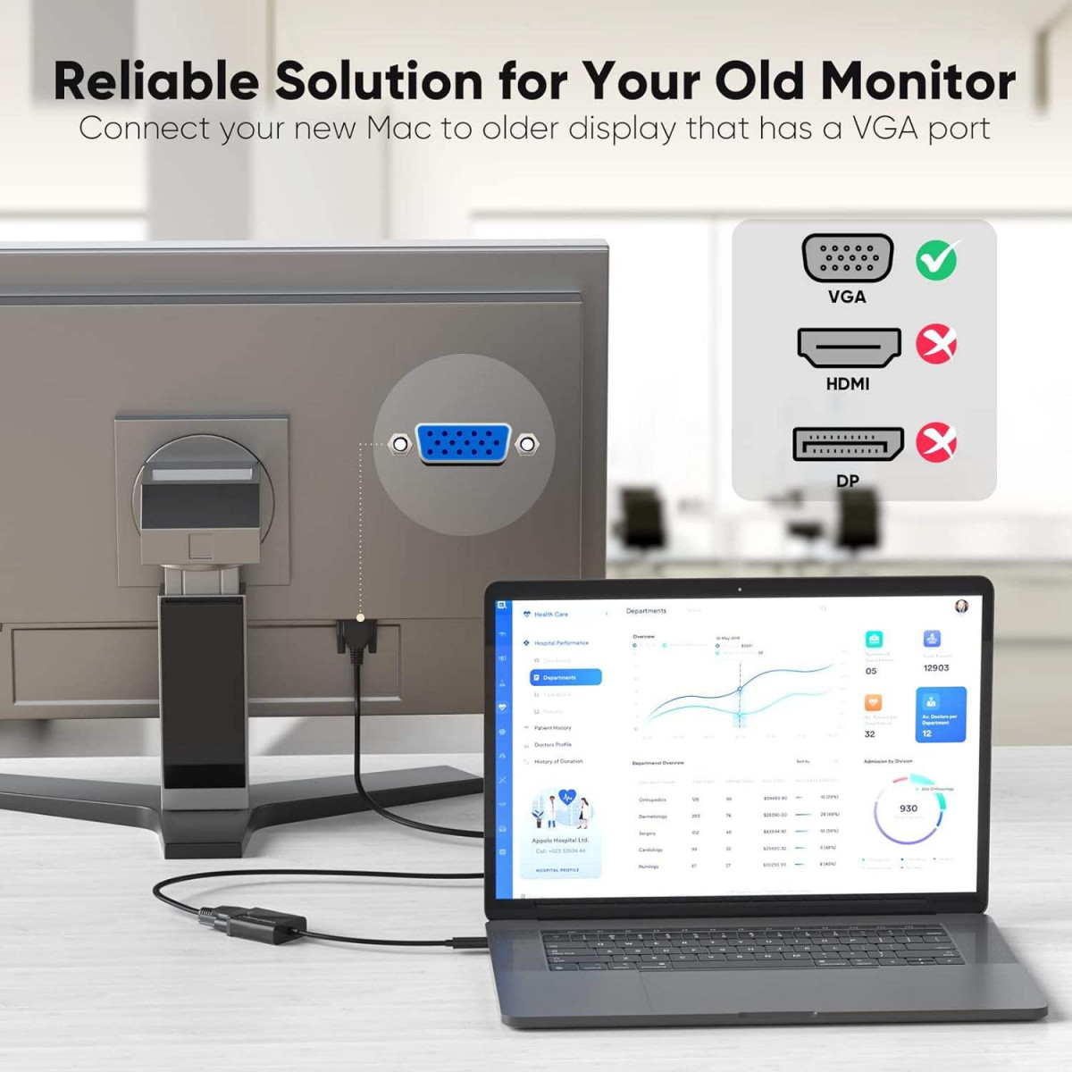 Bộ chuyển đổi USB Type-C sang VGA 15 Pin 1080P 60Hz | Chip Realtek RTD2169 | Vỏ nhôm ABS