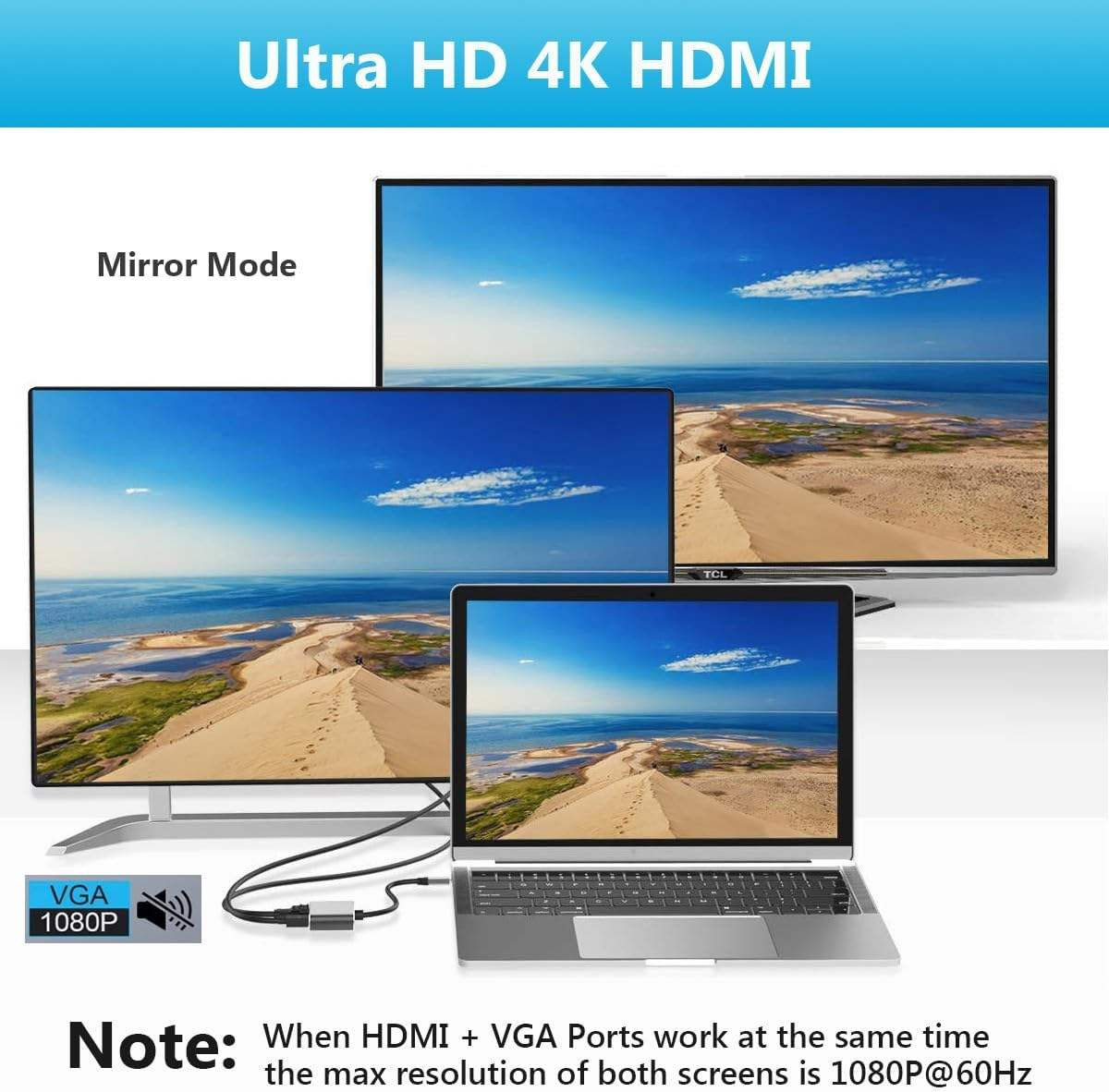 Bộ chuyển đổi Type-C ra HDMI + VGA 2 trong 1 | Chip Realtek EP9631G | Xuất hình đồng thời