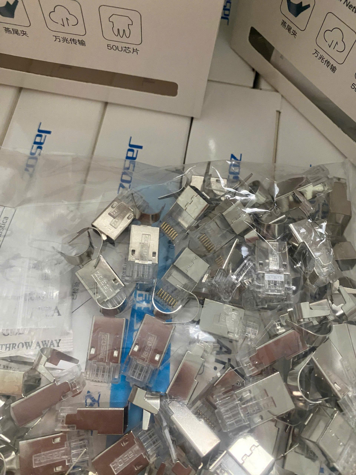 Đầu bấm dây mạng RJ45 Cat6A / Cat7 Gigabit | Bọc kim loại | Chân mạ vàng 50U | Hộp 50 chiếc