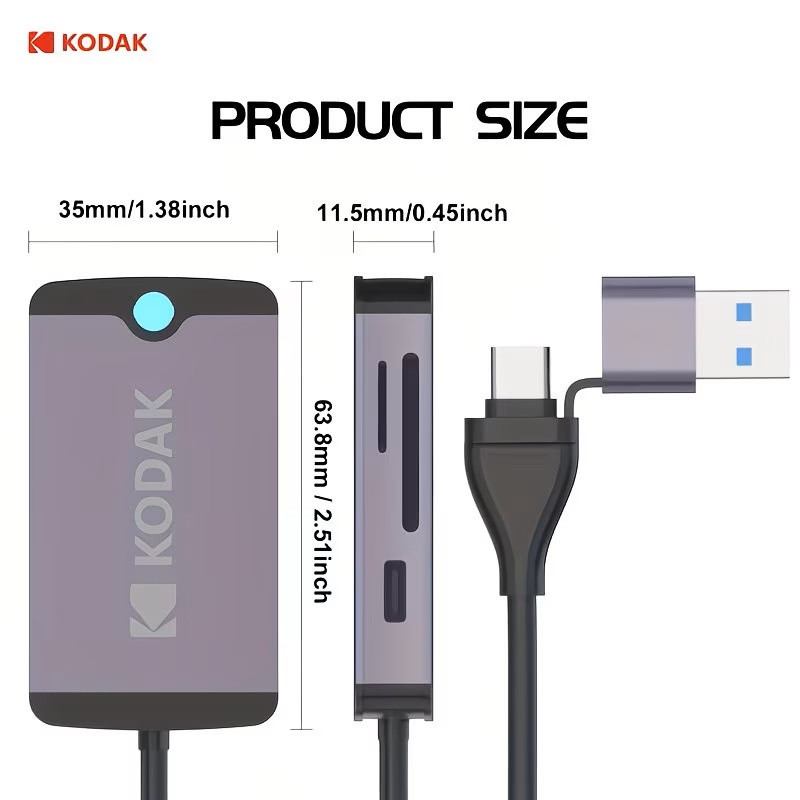 Hub chuyển đổi Type-C 5 trong 1 Kodak T320 – Dock mở rộng USB 3.0, USB 2.0, SD/TF, Type-C, vỏ hợp kim nhôm cho laptop, MacBook, điện thoại