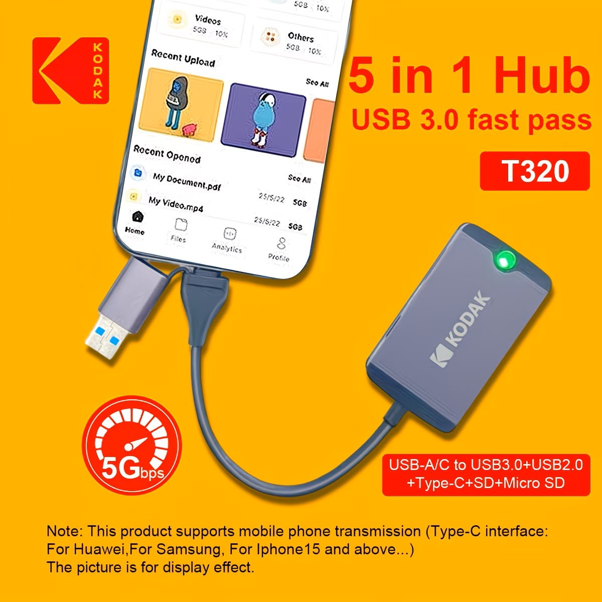 Hub chuyển đổi Type-C 5 trong 1 Kodak T320 – Dock mở rộng USB 3.0, USB 2.0, SD/TF, Type-C, vỏ hợp kim nhôm cho laptop, MacBook, điện thoại