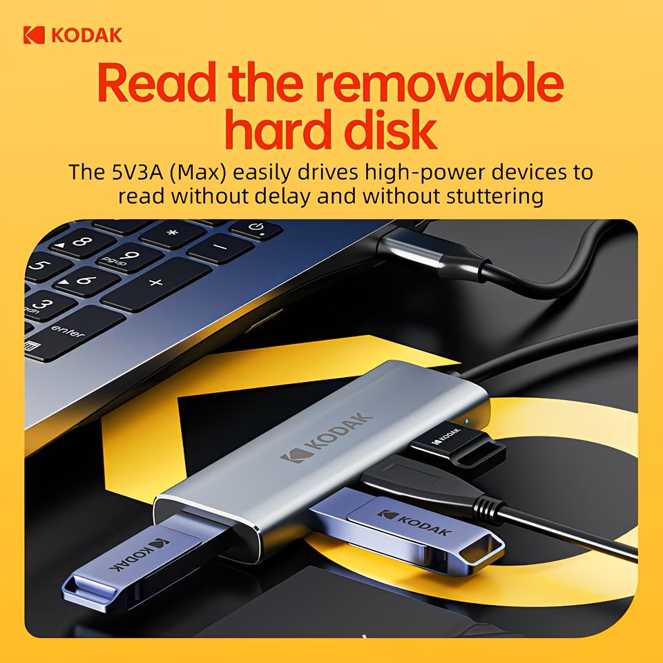 Hub USB-C 4 trong 1 Kodak T341 – Bộ chia 4 cổng USB 3.0 tốc độ 5Gbps cho laptop, MacBook, PC, điện thoại