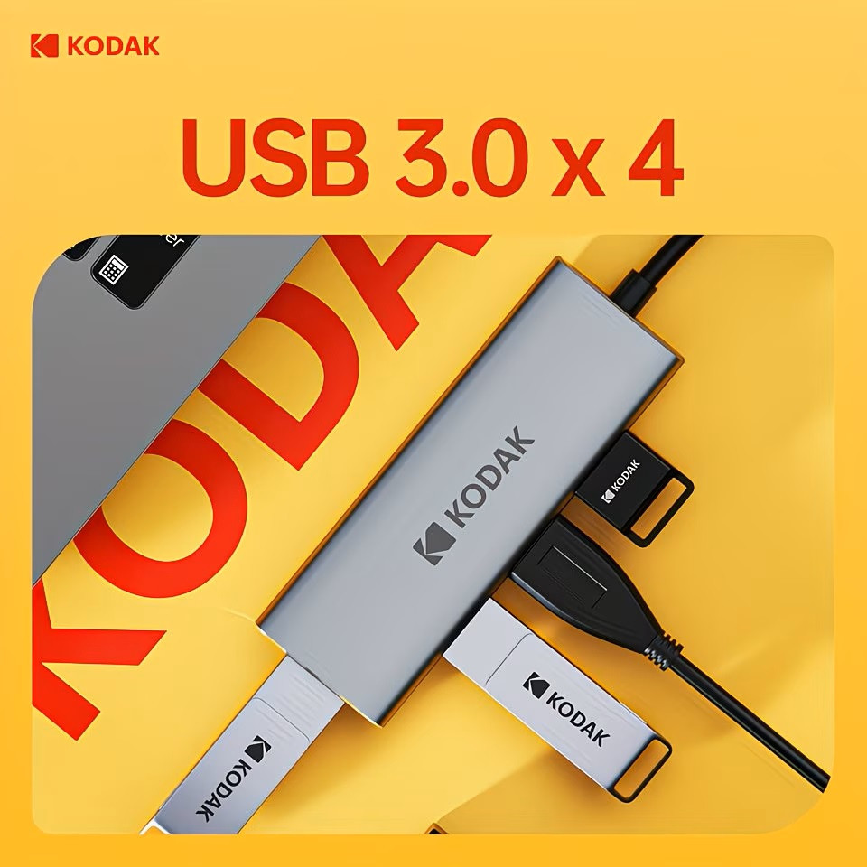 Hub USB-C 4 trong 1 Kodak T341 – Bộ chia 4 cổng USB 3.0 tốc độ 5Gbps cho laptop, MacBook, PC, điện thoại