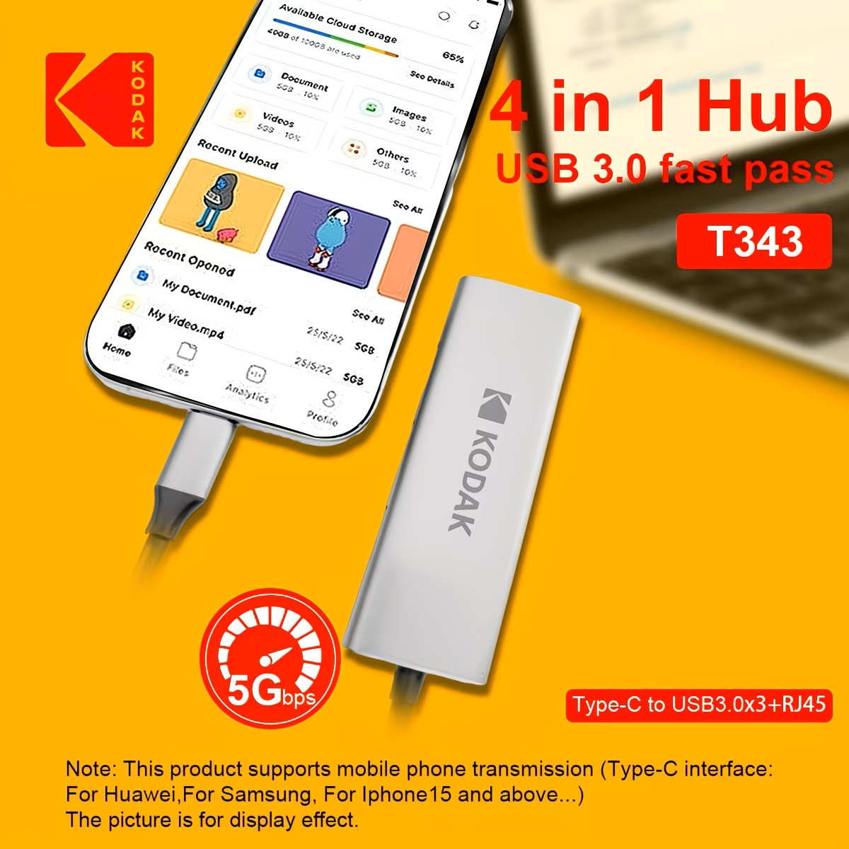 Hub Type-C 4 trong 1 Kodak T343 – 3 USB 3.0 5Gbps + RJ45 Gigabit 1000Mbps cho MacBook, laptop, PC