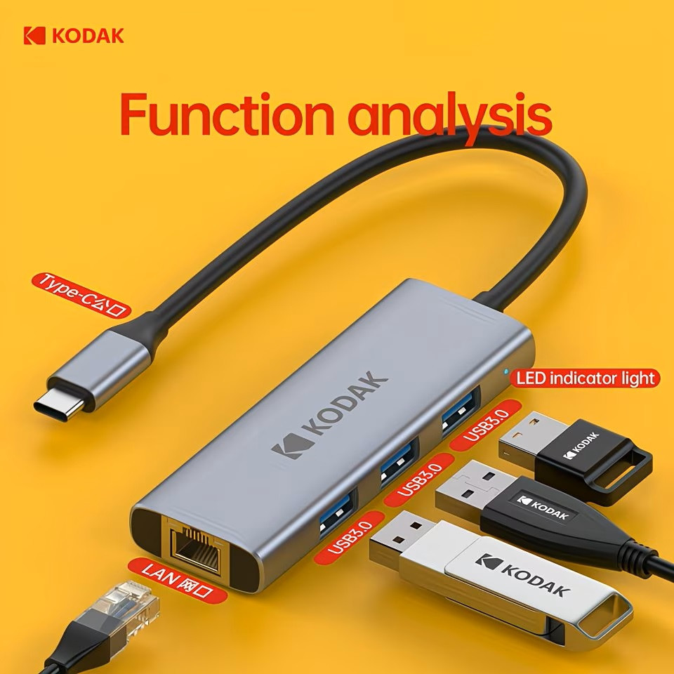 Hub Type-C 4 trong 1 Kodak T343 – 3 USB 3.0 5Gbps + RJ45 Gigabit 1000Mbps cho MacBook, laptop, PC
