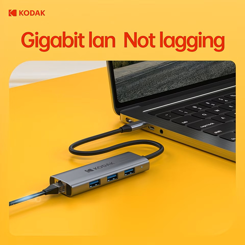 Hub Type-C 4 trong 1 Kodak T343 – 3 USB 3.0 5Gbps + RJ45 Gigabit 1000Mbps cho MacBook, laptop, PC