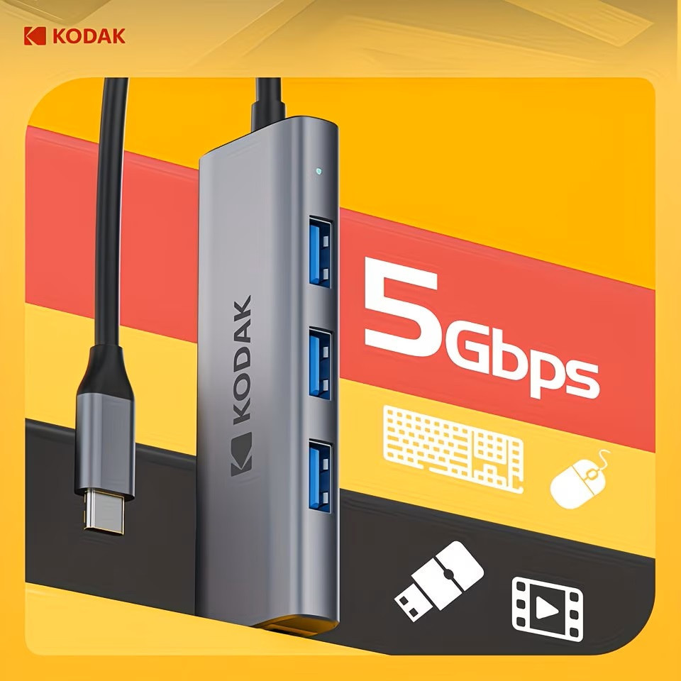 Hub Type-C 4 trong 1 Kodak T343 – 3 USB 3.0 5Gbps + RJ45 Gigabit 1000Mbps cho MacBook, laptop, PC