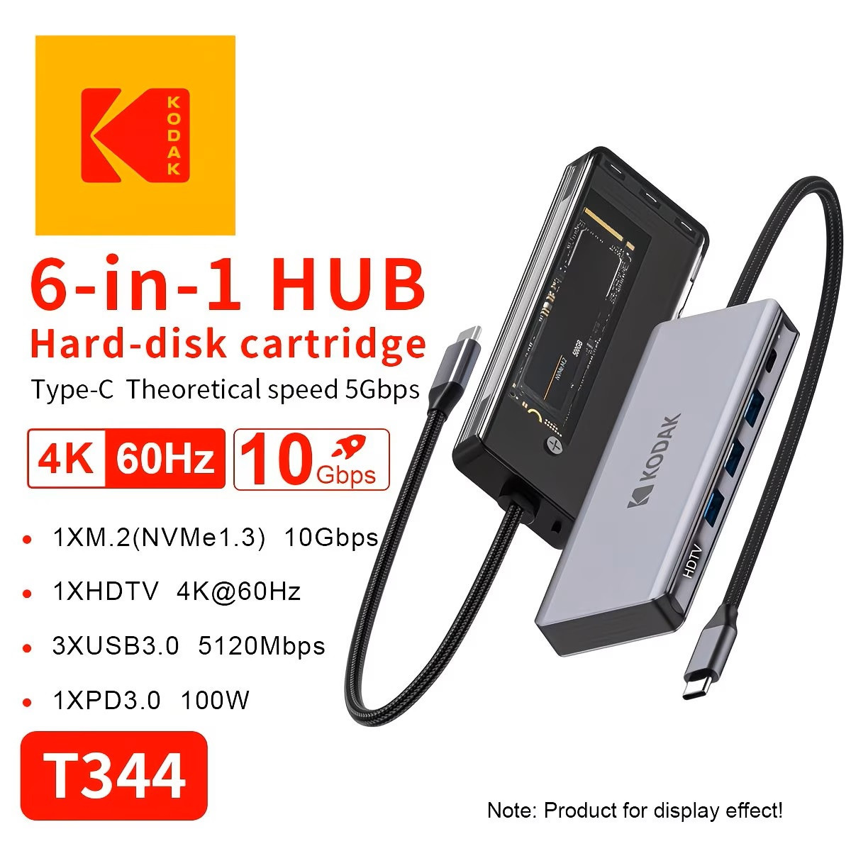 Hub Kodak T344 6-in-1 Type-C Dock HDMI 4K PD 100W + Khe SSD M.2 NVMe 10Gbps – Bộ Chia USB-C Đa Năng Cho Laptop MacBook