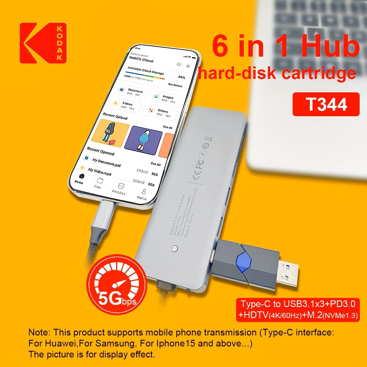 Hub Kodak T344 6-in-1 Type-C Dock HDMI 4K PD 100W + Khe SSD M.2 NVMe 10Gbps – Bộ Chia USB-C Đa Năng Cho Laptop MacBook
