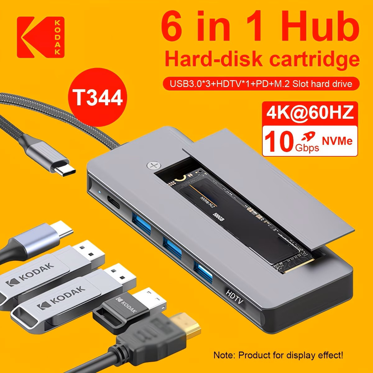 Hub Kodak T344 6-in-1 Type-C Dock HDMI 4K PD 100W + Khe SSD M.2 NVMe 10Gbps – Bộ Chia USB-C Đa Năng Cho Laptop MacBook