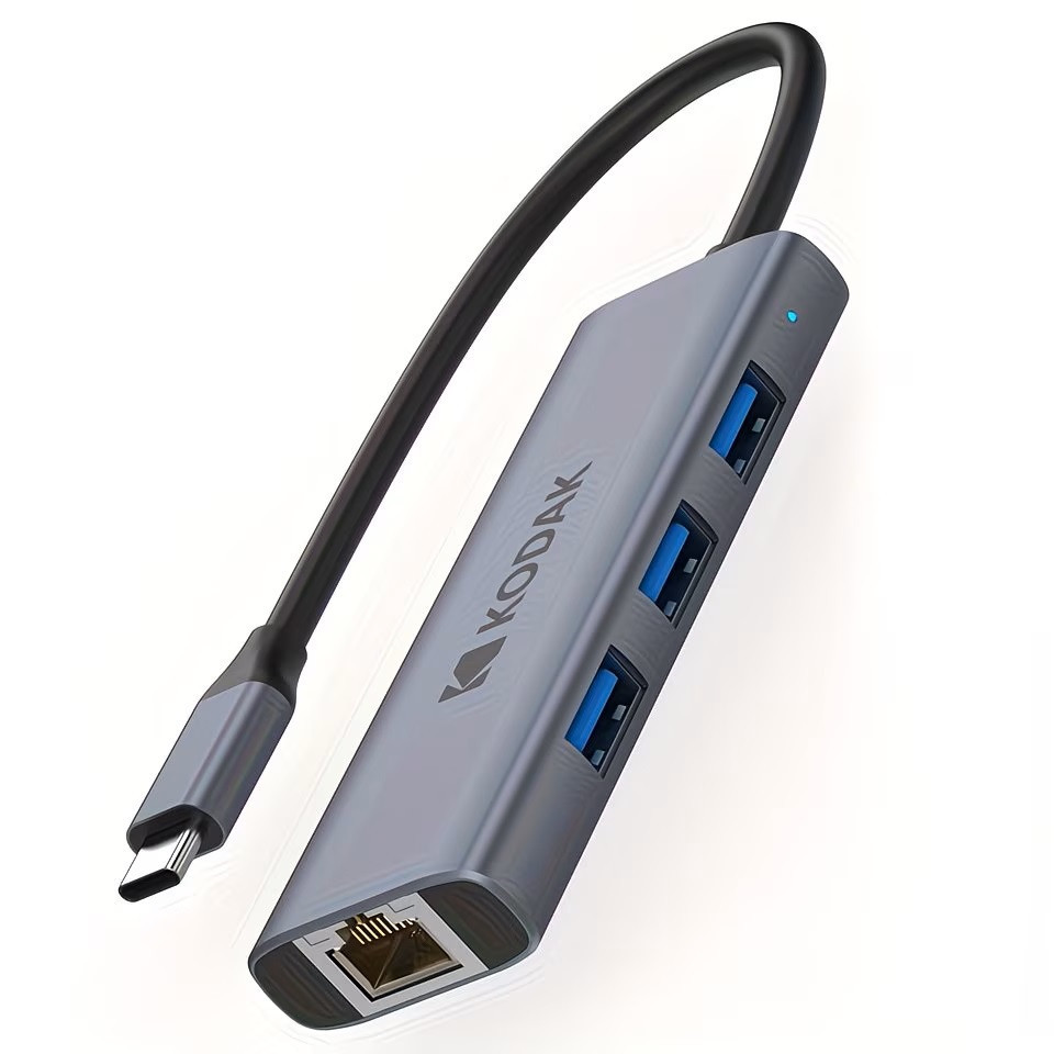 Hub USB-C Kodak T345 4-in-1 – Bộ Chuyển Đổi Type-C Sang 3 Cổng USB 3.0 + LAN RJ45 Gigabit 1000Mbps Tương Thích Thunderbolt 3/4