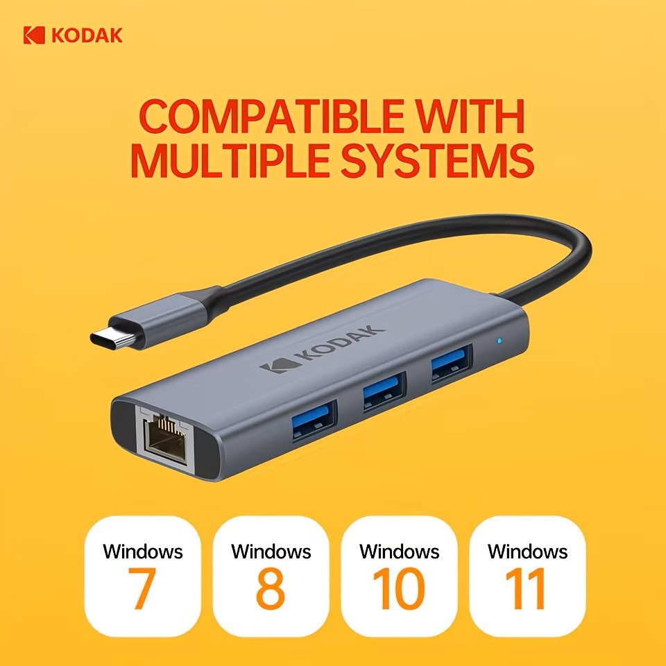 Hub USB-C Kodak T345 4-in-1 – Bộ Chuyển Đổi Type-C Sang 3 Cổng USB 3.0 + LAN RJ45 Gigabit 1000Mbps Tương Thích Thunderbolt 3/4
