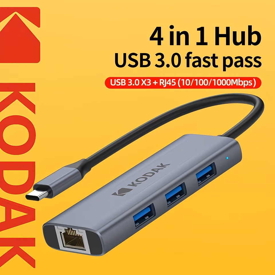 Hub USB-C Kodak T345 4-in-1 – Bộ Chuyển Đổi Type-C Sang 3 Cổng USB 3.0 + LAN RJ45 Gigabit 1000Mbps Tương Thích Thunderbolt 3/4