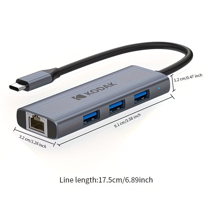 Hub USB-C Kodak T345 4-in-1 – Bộ Chuyển Đổi Type-C Sang 3 Cổng USB 3.0 + LAN RJ45 Gigabit 1000Mbps Tương Thích Thunderbolt 3/4