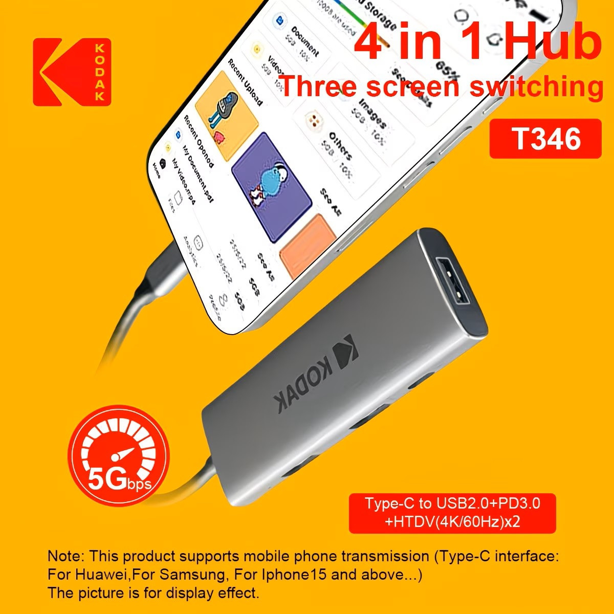 Hub USB-C Kodak T346 4-in-1 – Docking Station Type-C Sang 2 HDMI 4K + USB 2.0 + Sạc PD 100W Cho Laptop MacBook