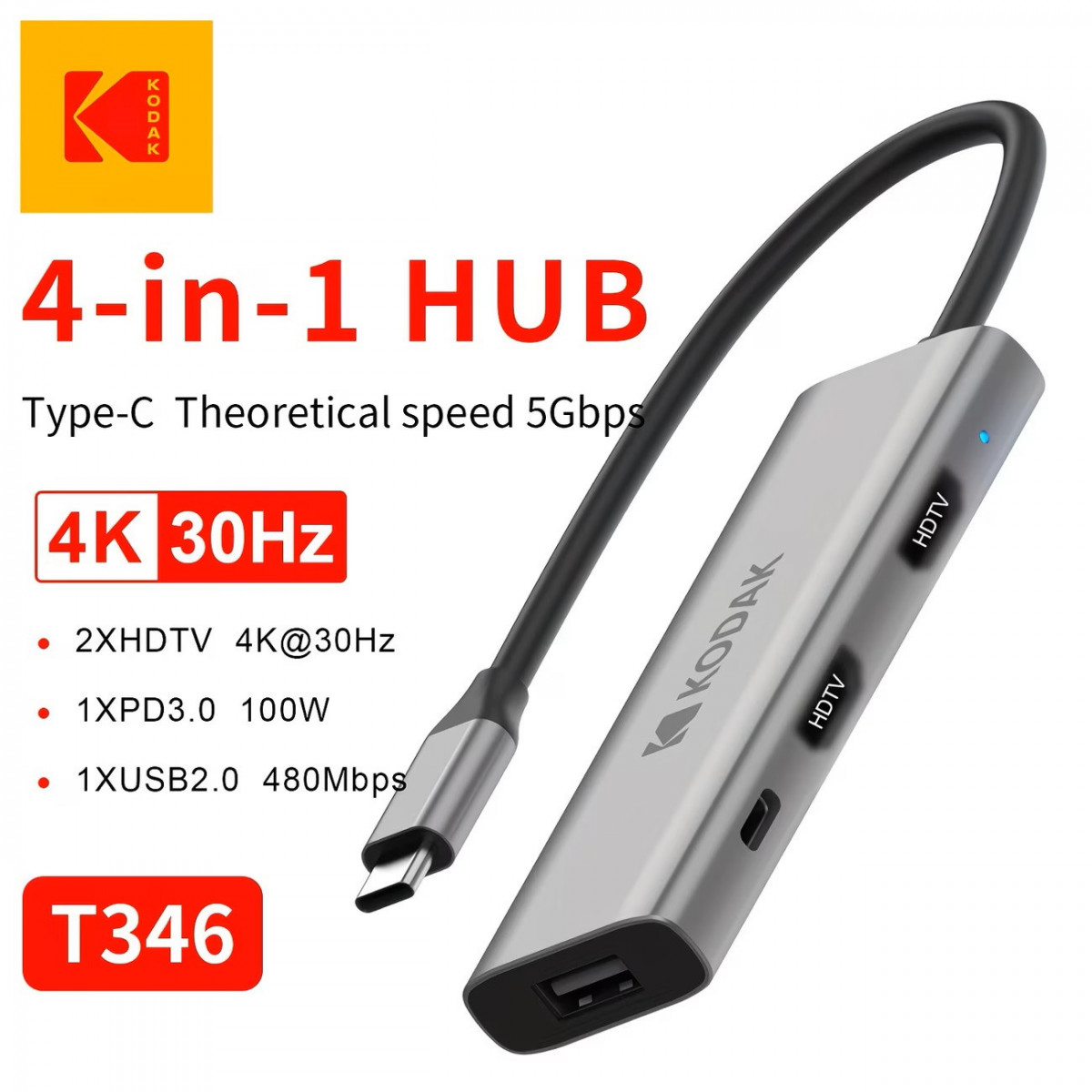 Hub USB-C Kodak T346 4-in-1 – Docking Station Type-C Sang 2 HDMI 4K + USB 2.0 + Sạc PD 100W Cho Laptop MacBook