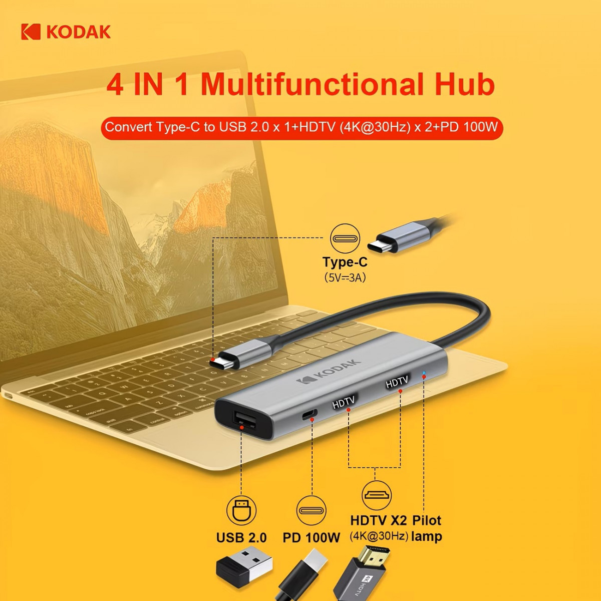 Hub USB-C Kodak T346 4-in-1 – Docking Station Type-C Sang 2 HDMI 4K + USB 2.0 + Sạc PD 100W Cho Laptop MacBook